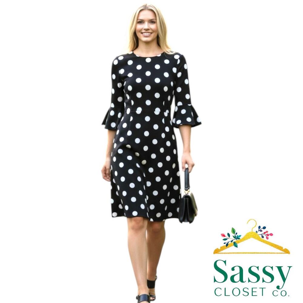 TOMMY HILFIGER Polka Dot Bell Sleeve Sheath Dress 10 Stretch Black White EUC